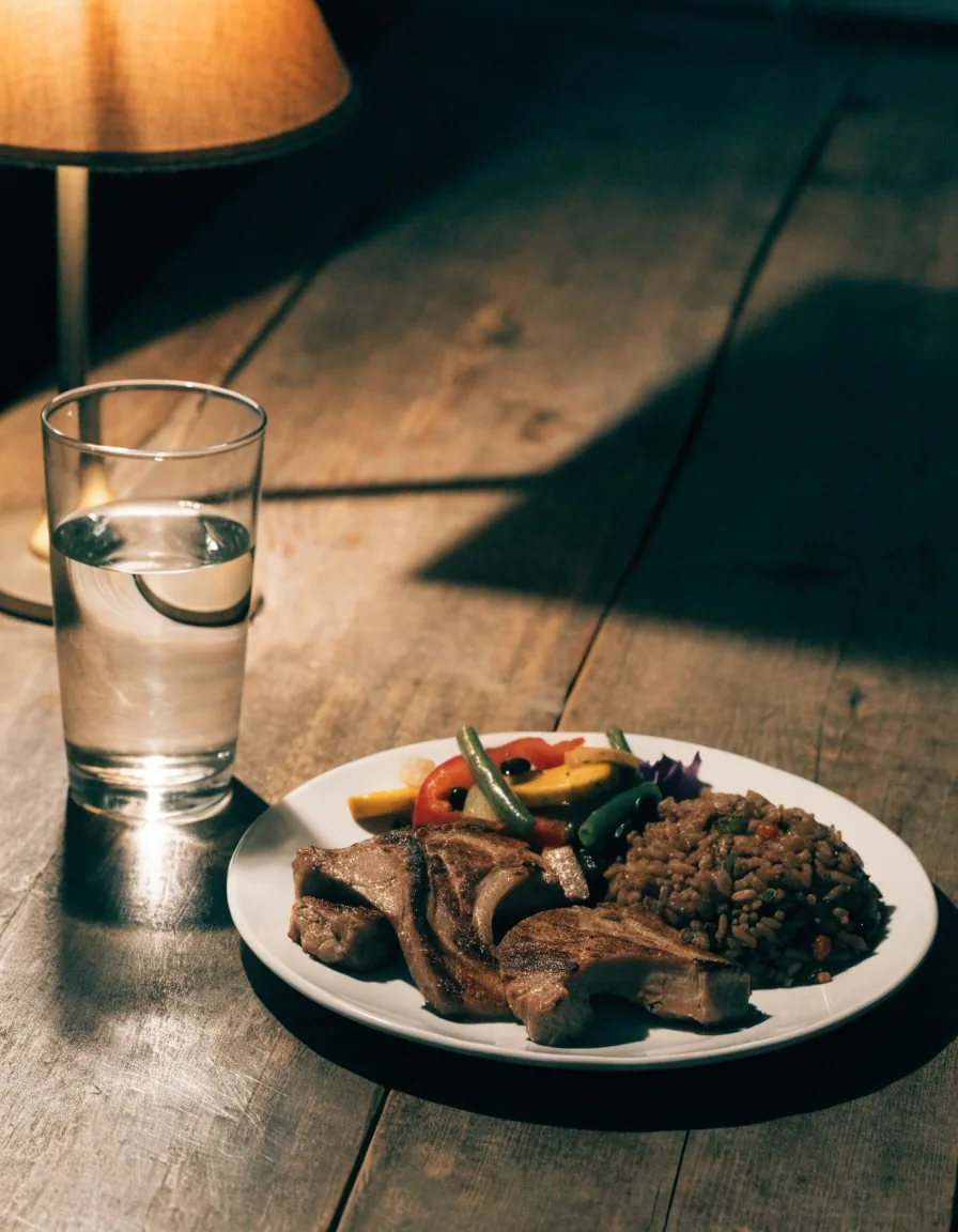 Plato casero de carne a la plancha, arroz y verduras junto a un vaso de agua sobre una mesa de madera