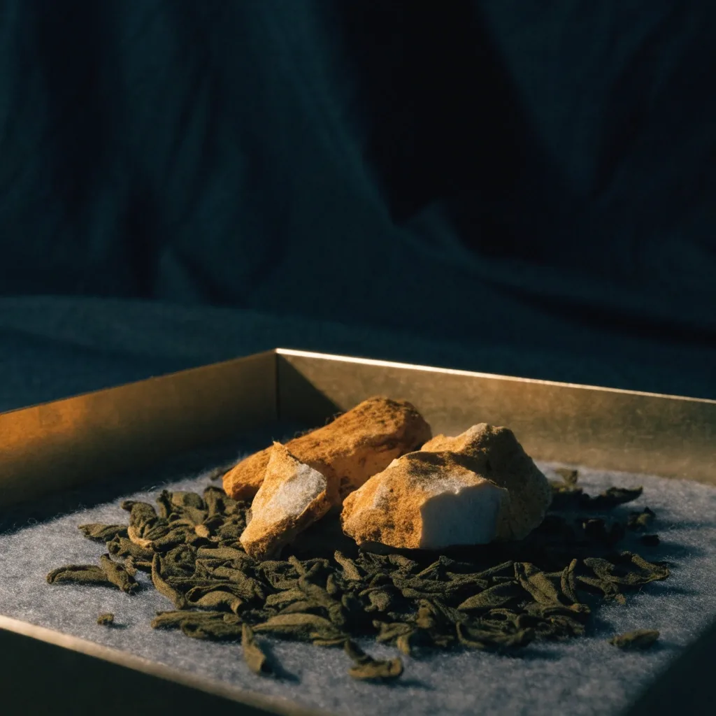 Hojas secas de té verde sobre fieltro dentro de una montura de cartón