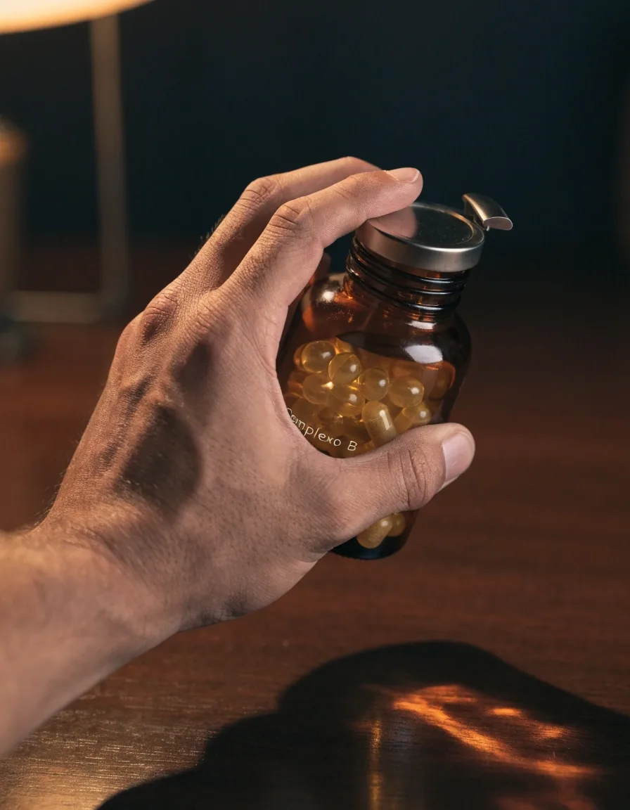 Mano abriendo un frasco ámbar con cápsulas sobre una mesa de madera oscura