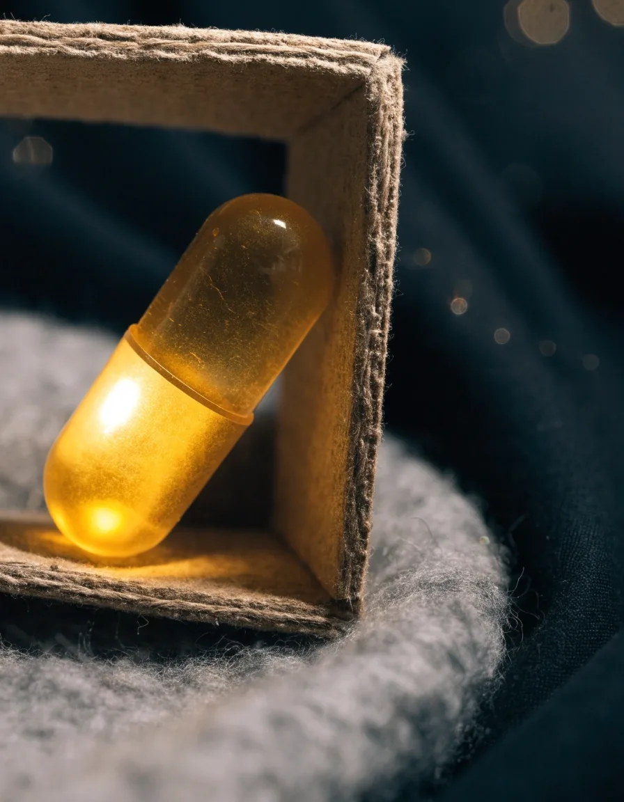 Cápsula dorada de vitamina D sobre cuna de fieltro