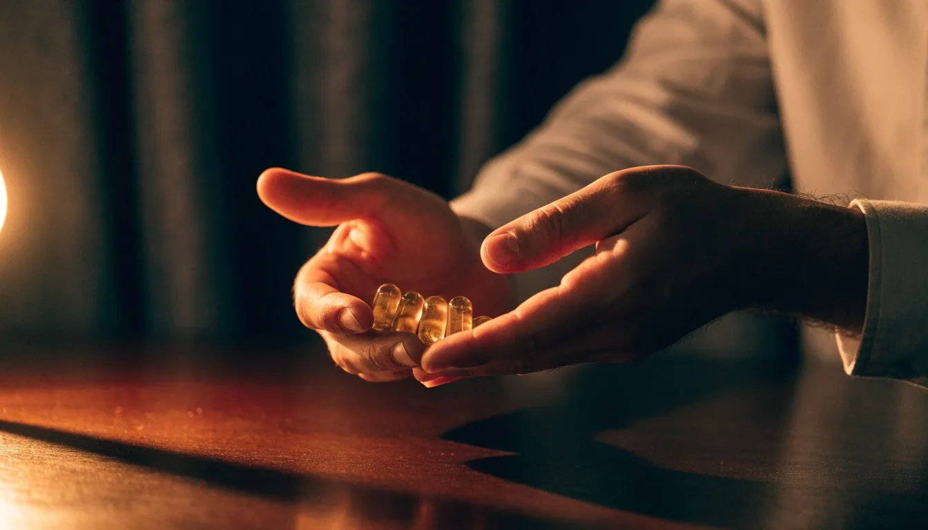 Manos adultas pasando cápsulas de una palma a la otra bajo la lámpara