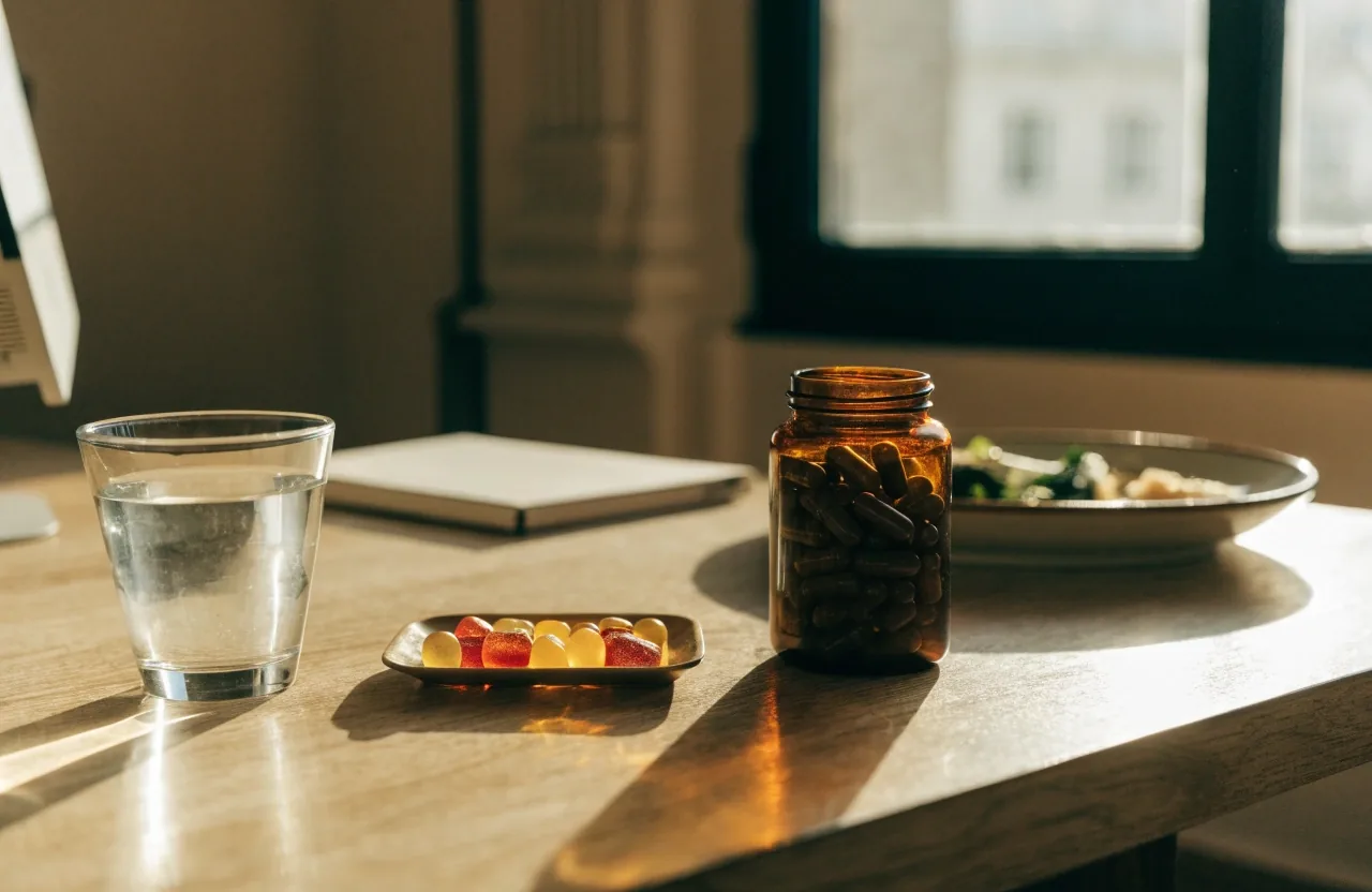 Mesa de estudio con libreta cerrada, vaso de agua y un plato de comida fuera de foco