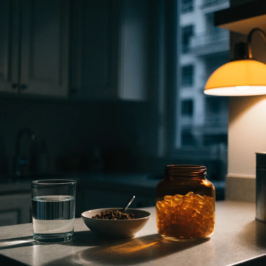 Hombre joven en su escritorio por la tarde, iluminado por una lámpara de mesa cálida