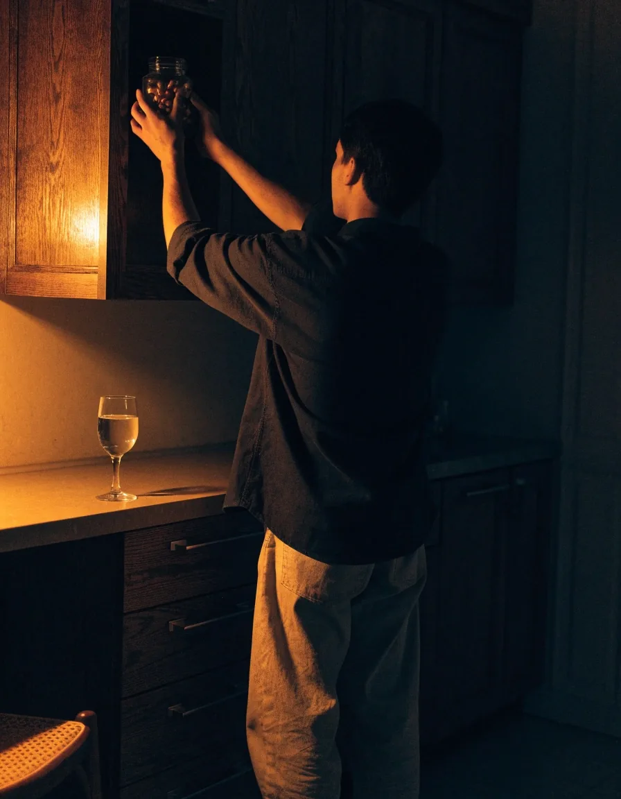 Hombre apoyado en el mesón de su cocina bajo una luz cálida de noche