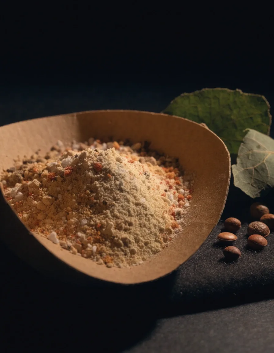 Multivitamínico whole-food en polvo dentro de su montura, junto a hojas secas y semillas