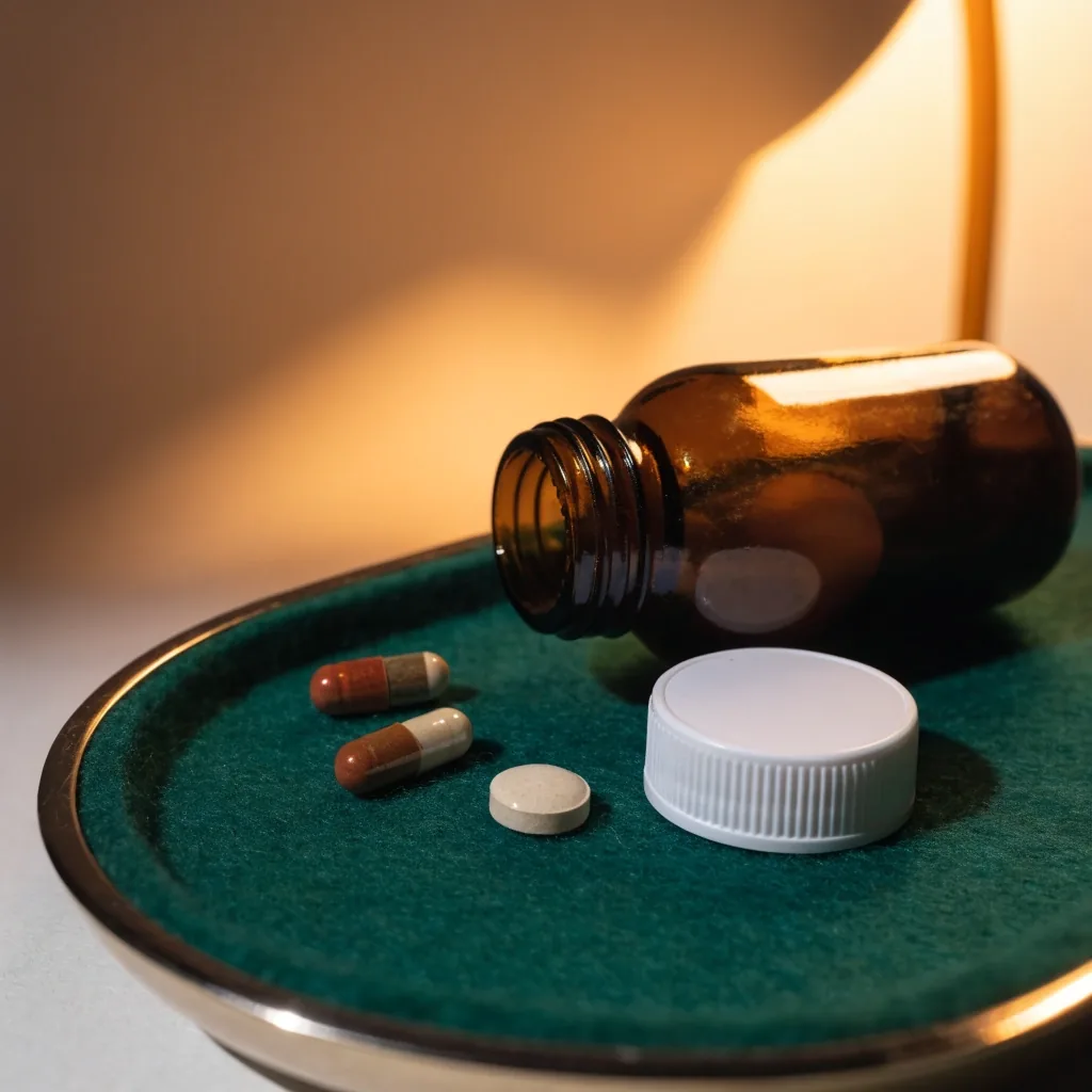 Cápsulas de un multivitamínico clásico para hombres sobre la cuna de fieltro de una montura
