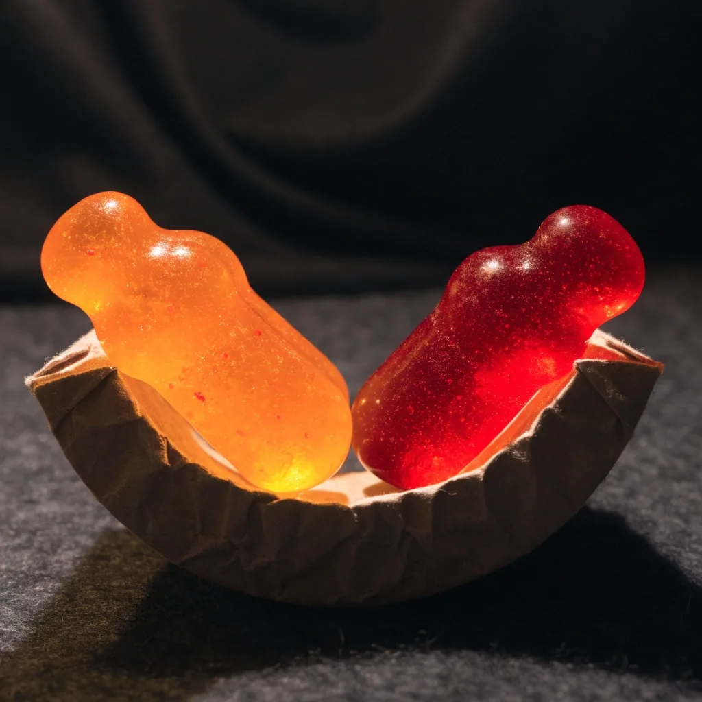 Gomitas de multivitamínico masculino sobre la cuna de fieltro de una montura de cartón