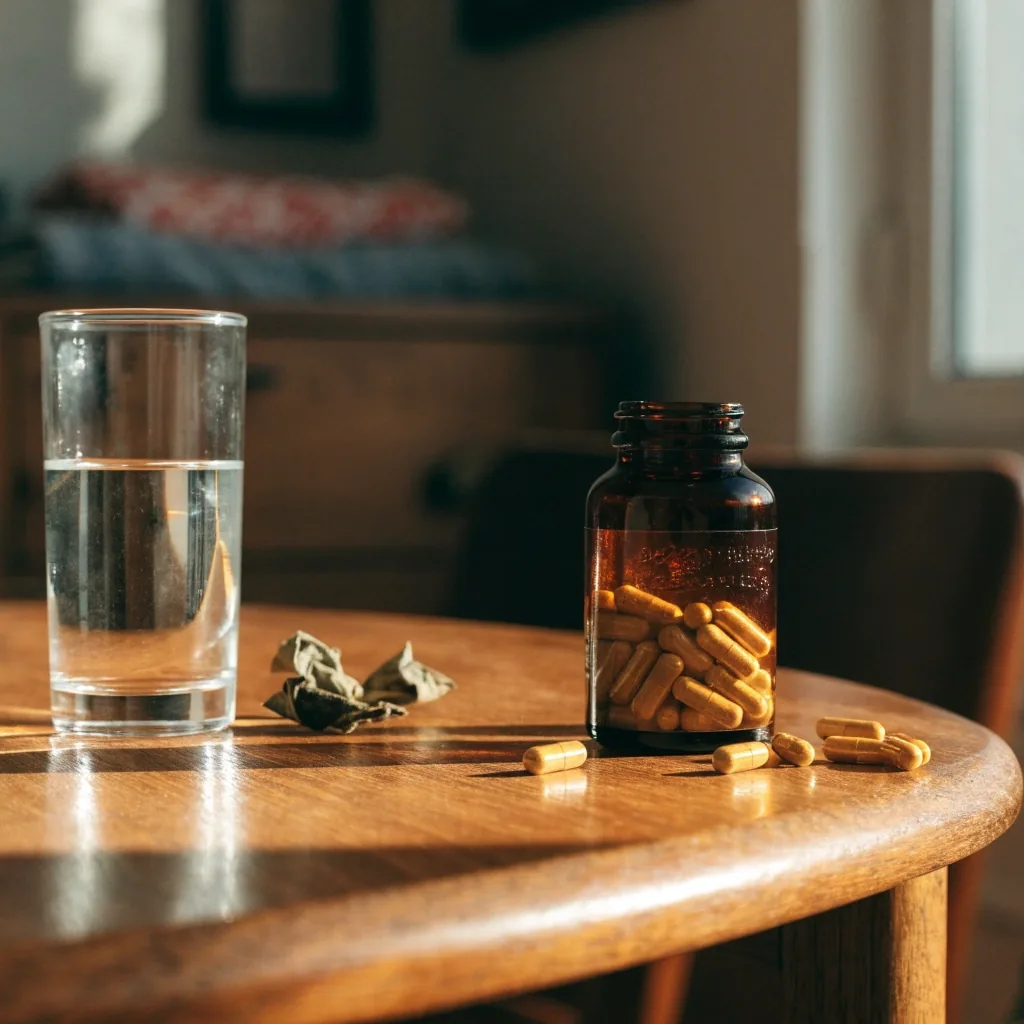 Frascos de suplementos alineados sobre una mesa de madera a media luz