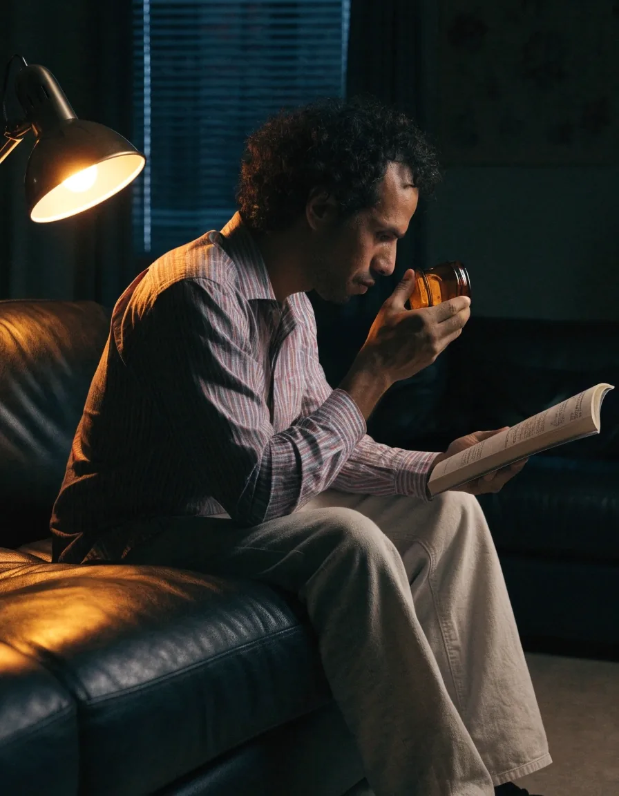 Hombre joven leyendo un documento junto a una lámpara de escritorio
