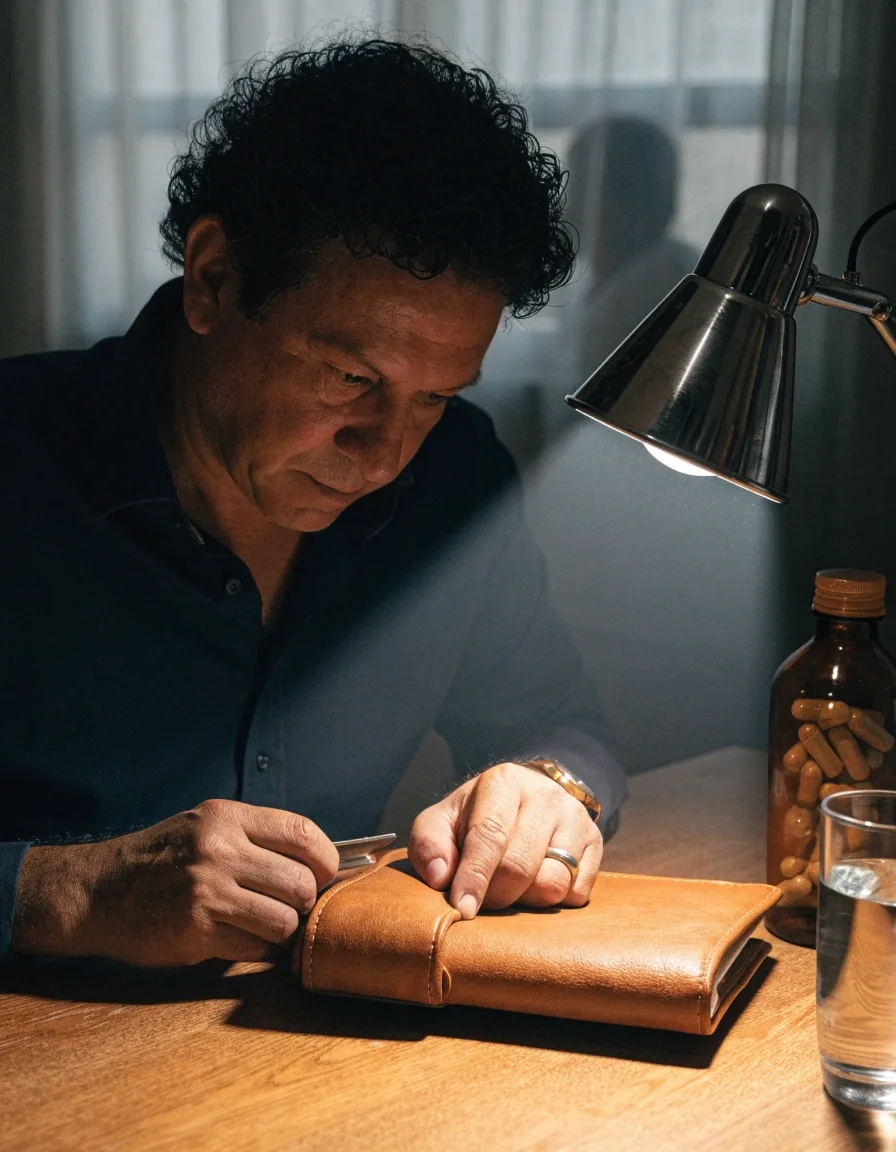 Manos cerrando una carpeta sobre un escritorio iluminado por una lámpara